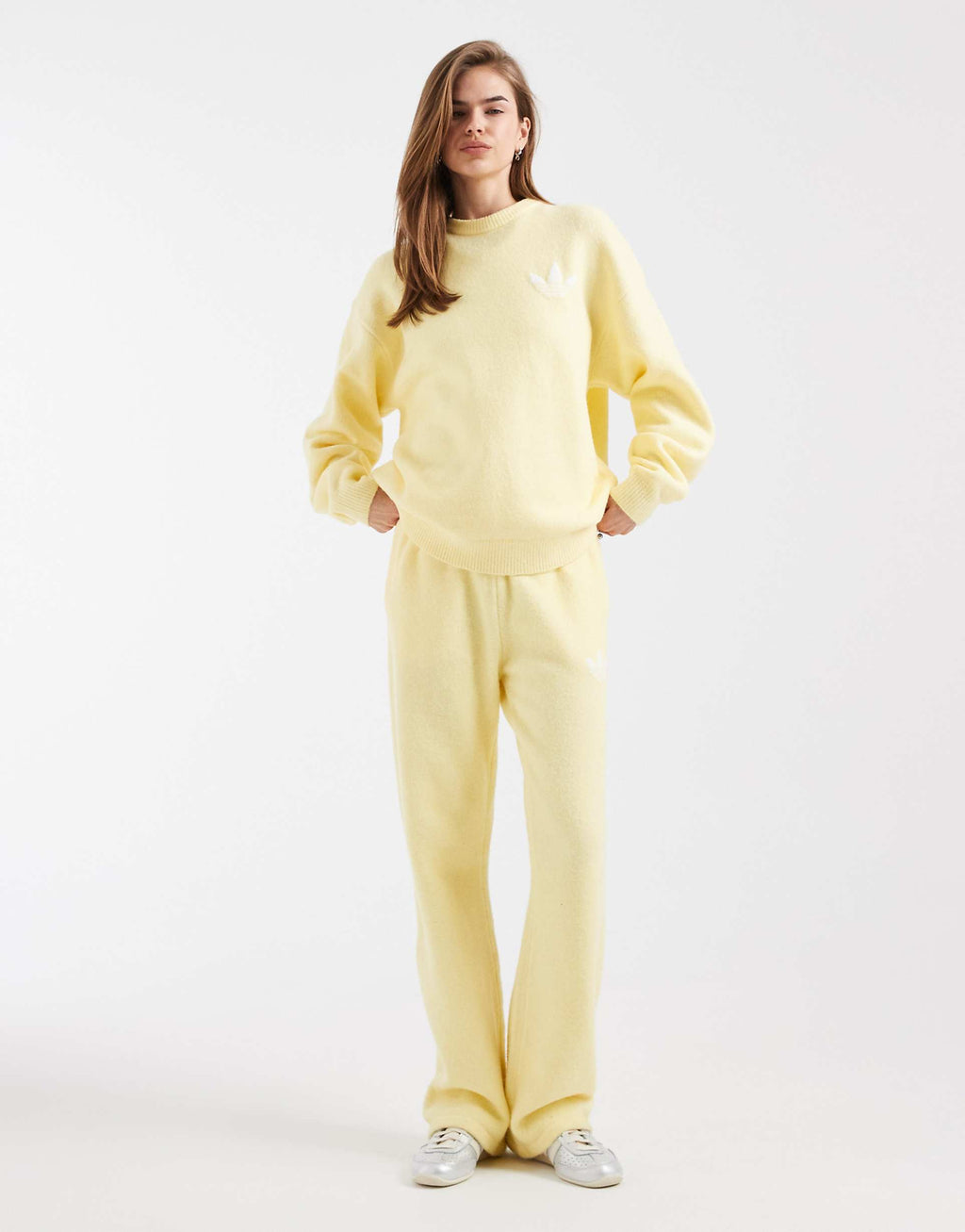 adidas Originals knitted wide leg track pants in butter yellow