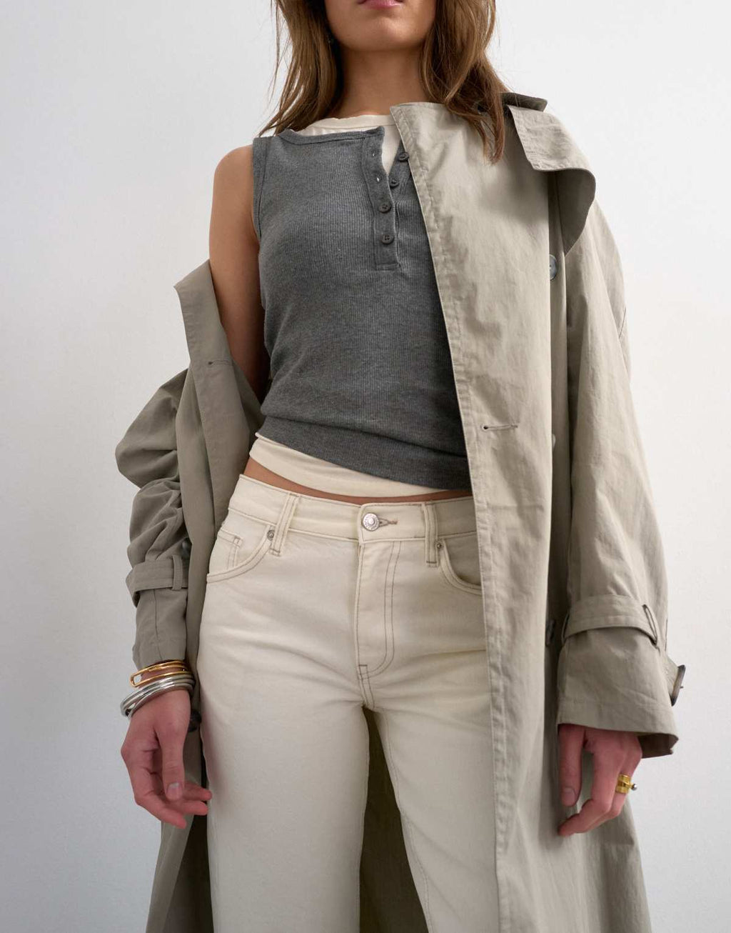 Topshop Runway mid rise straight jean in bone, side view