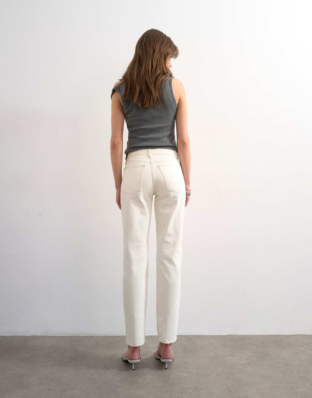Topshop Runway mid rise straight jean in bone, back view