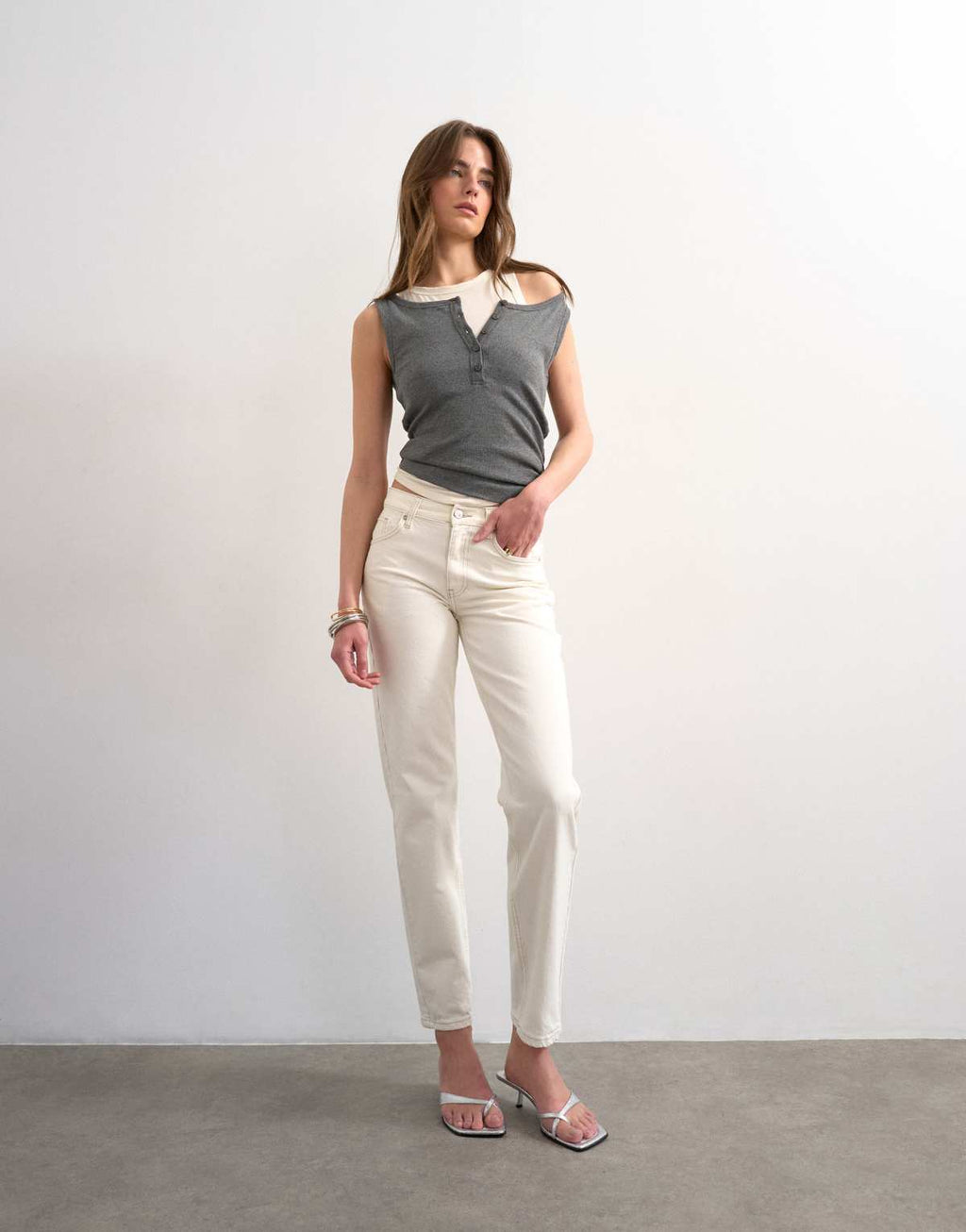 Topshop Runway mid rise straight jean in bone, detail of waistband and belt loops