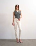 Topshop Runway mid rise straight jean in bone, detail of waistband and belt loops