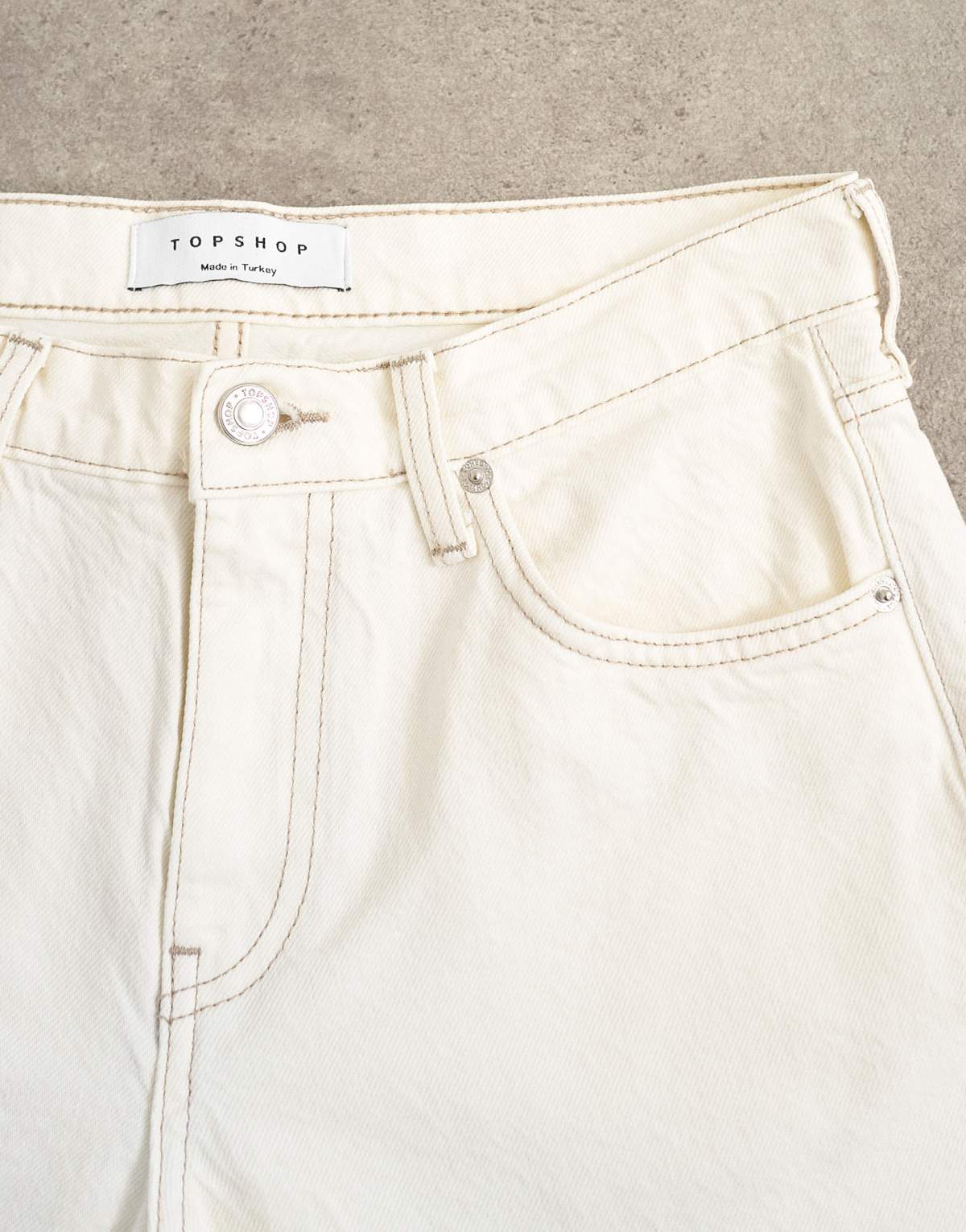 Topshop Runway mid rise straight jean in bone, fabric detail