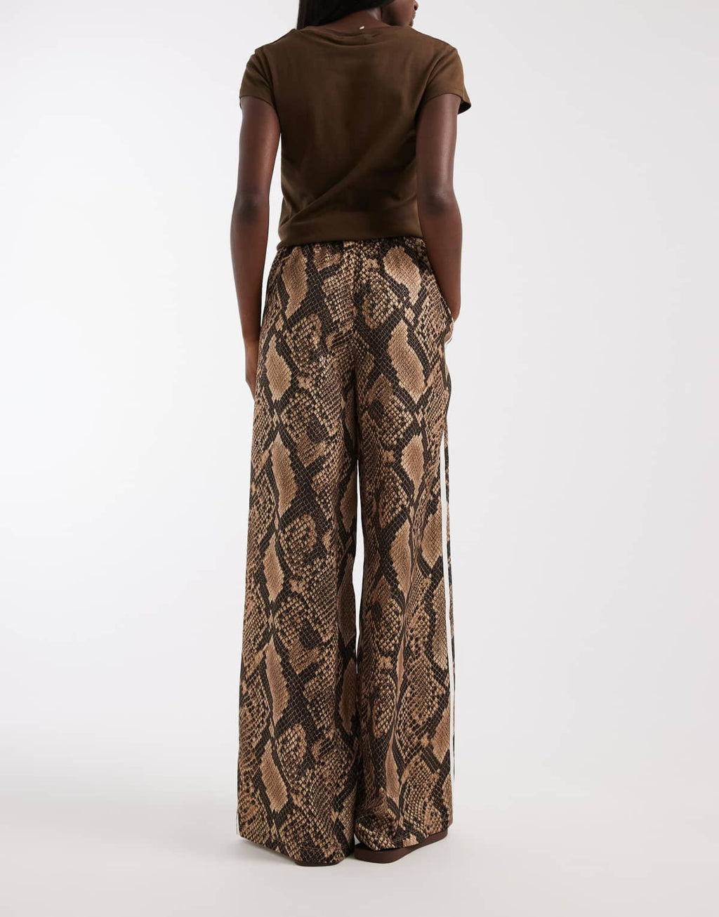 adidas Originals wide leg satin track pants in light brown snake, back view