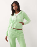 Juicy Couture velour diamante logo zip through hoodie in green, front view