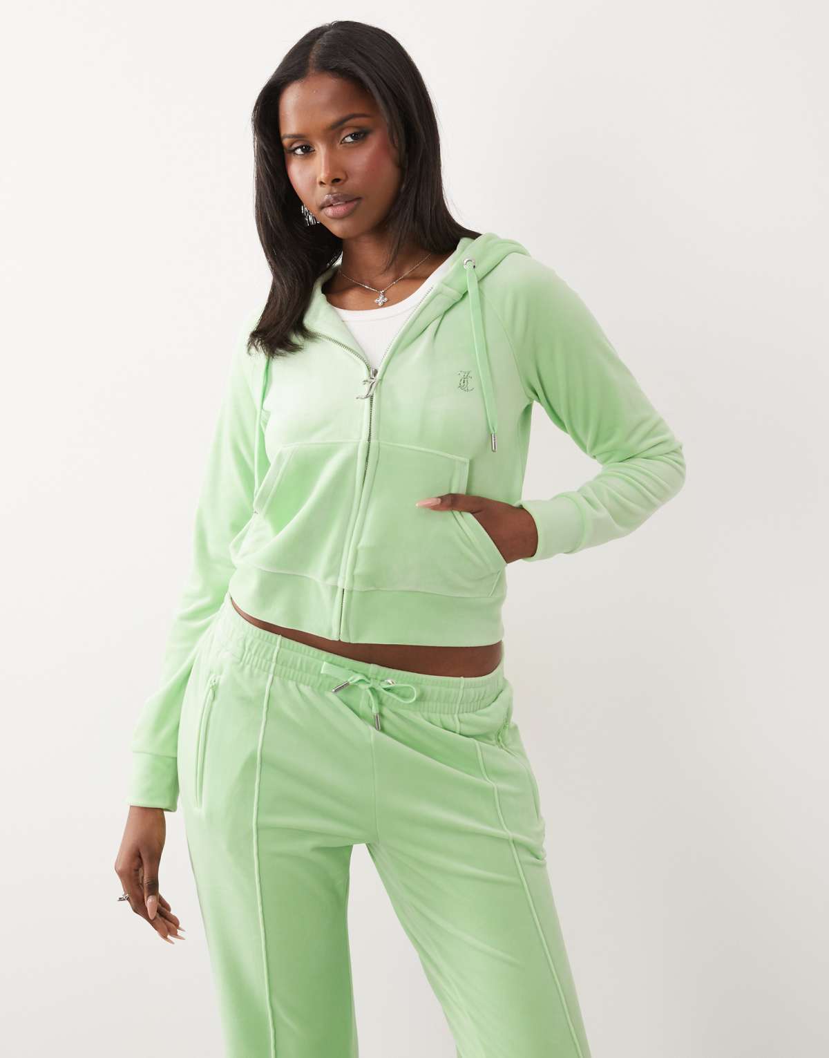 Juicy Couture velour diamante logo zip through hoodie in green, front view