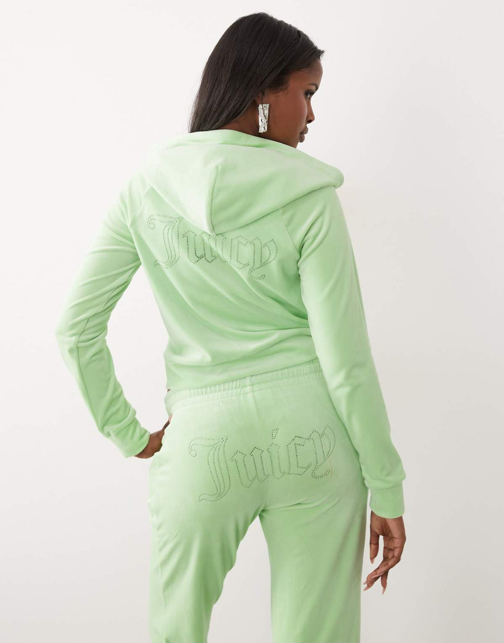 Juicy Couture velour diamante logo zip through hoodie in green, alternate view