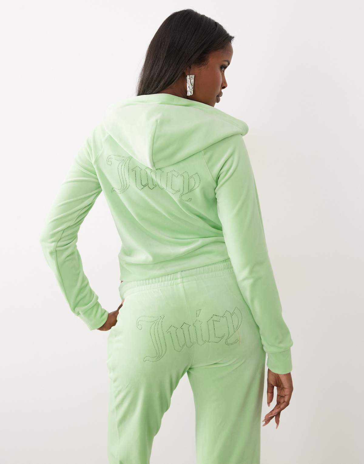 Juicy Couture velour diamante logo zip through hoodie in green, alternate view