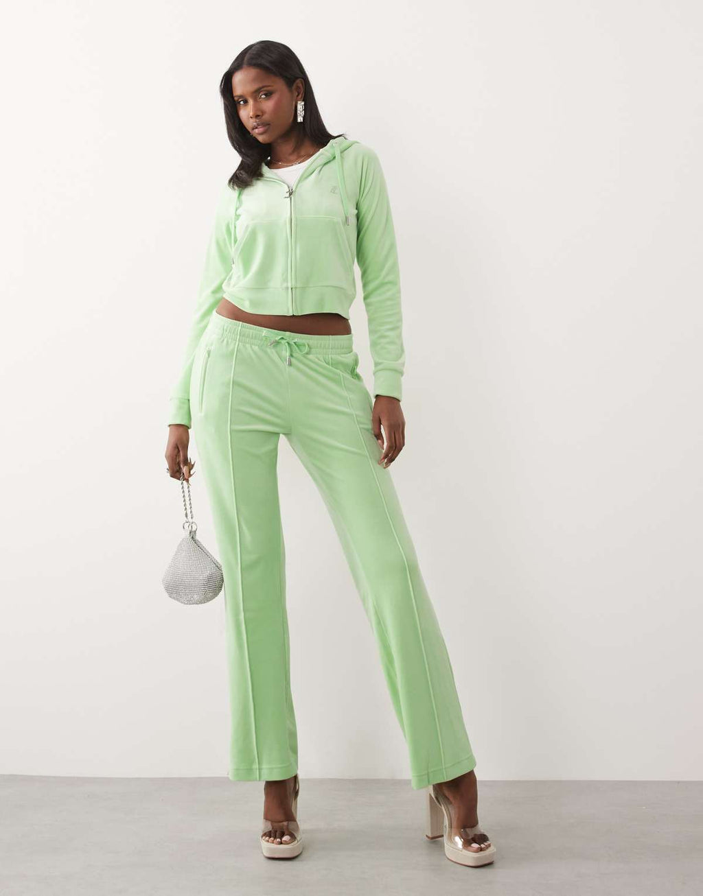Juicy Couture velour diamante logo zip through hoodie in green, back view