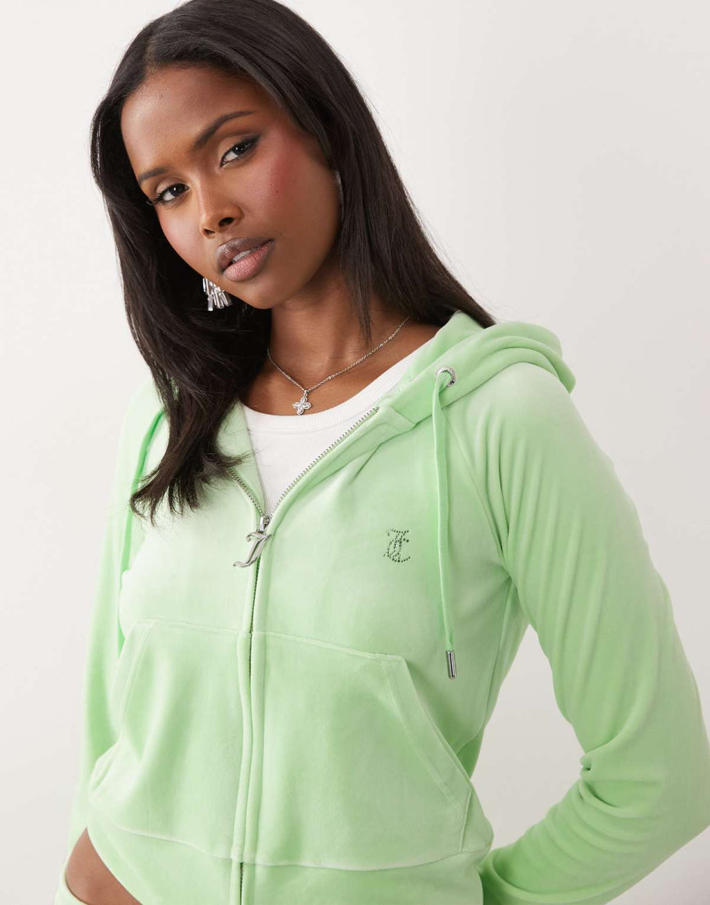 Juicy Couture velour diamante logo zip through hoodie in green, logo detail