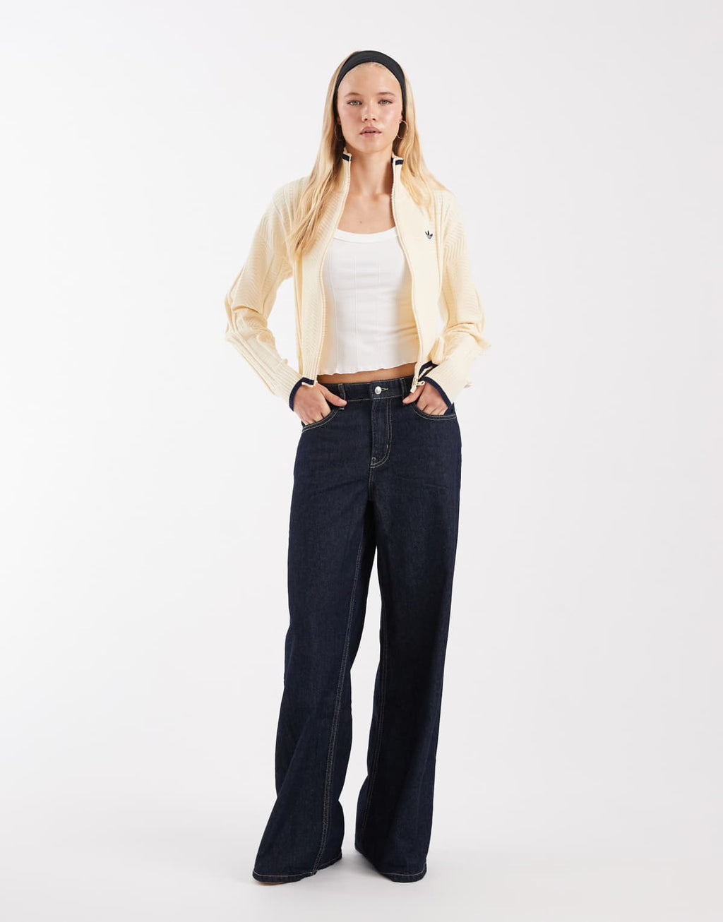 adidas Originals firebird pointelle knit track top in cream, side view