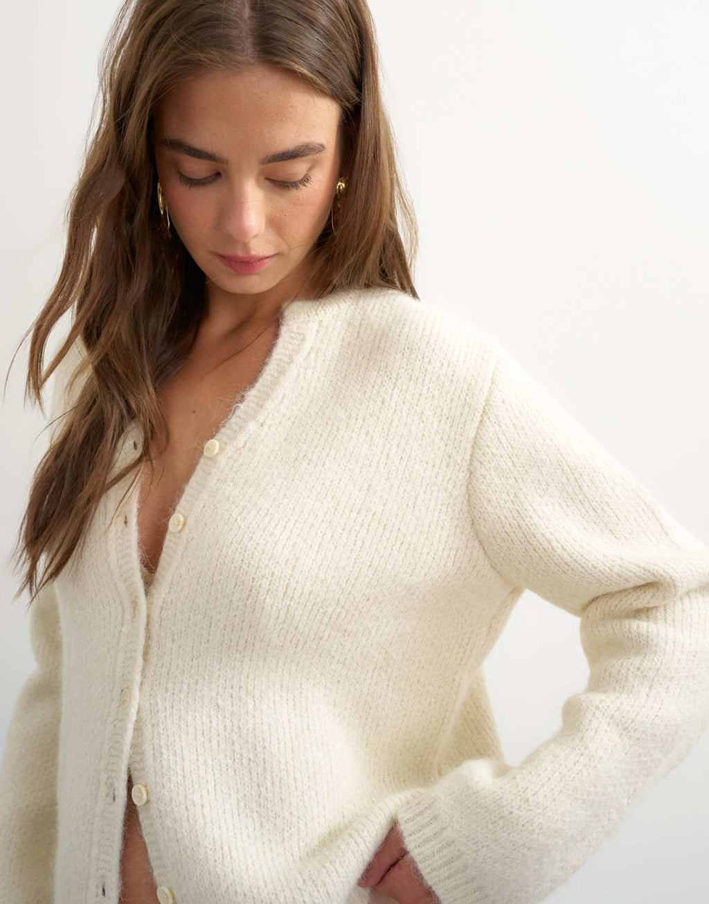 Topshop knitted fluffy eyelash cardigan in ivory, alternate view