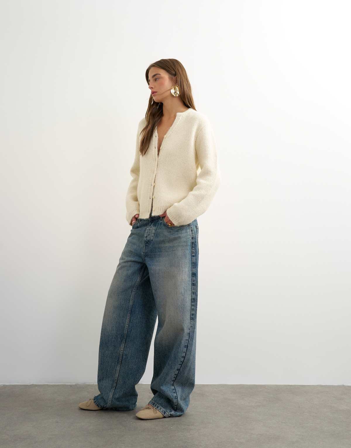 Topshop knitted fluffy eyelash cardigan in ivory, back view