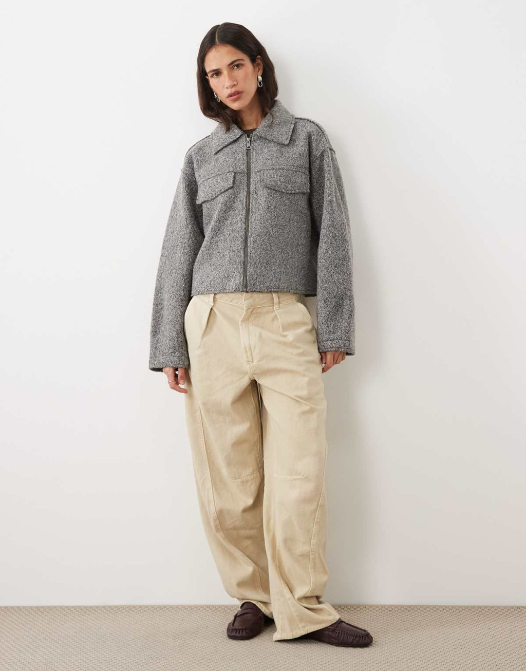 JJ Rebel short collared jacket in light grey, side view