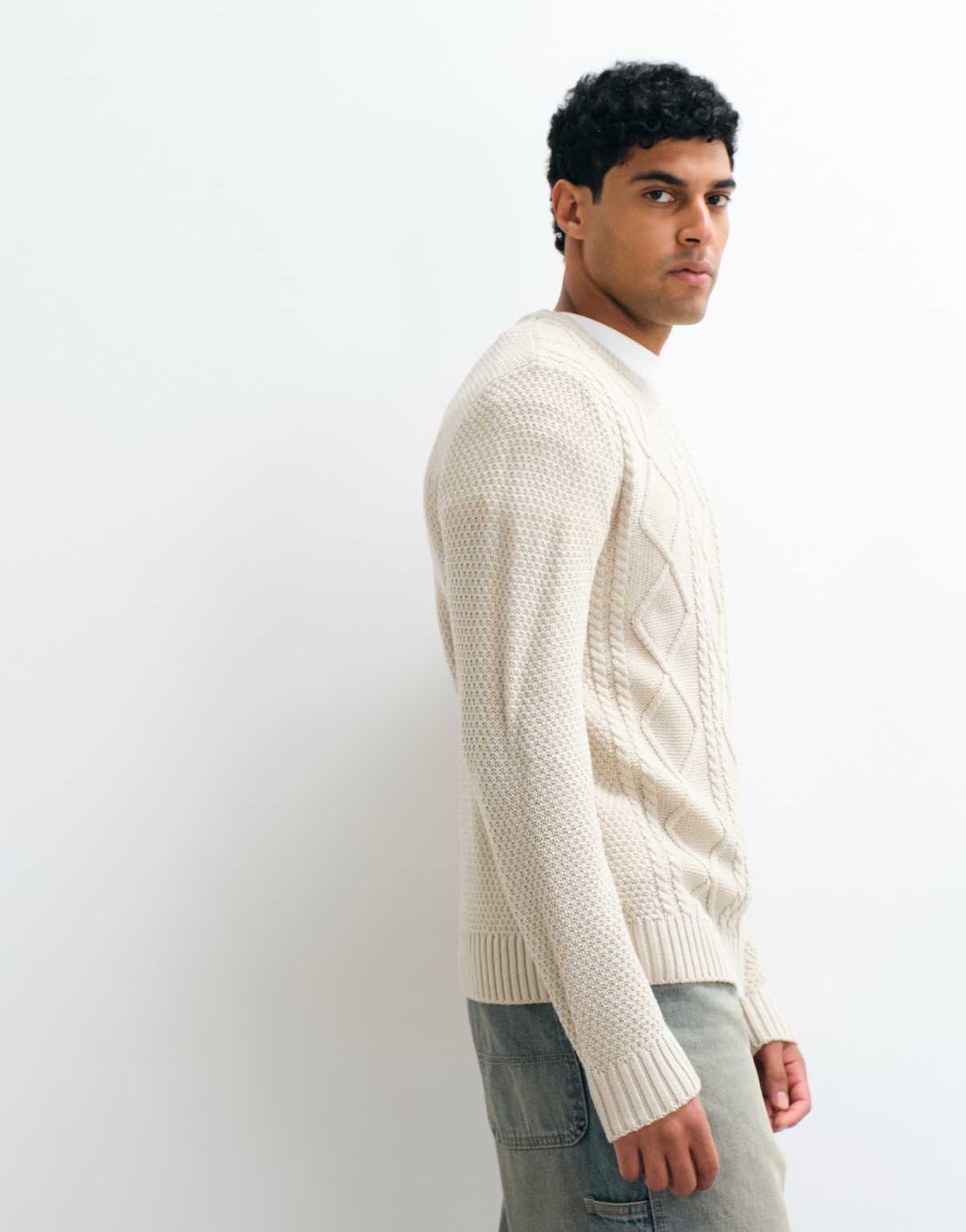 JJ Rebel cable knit jumper in cream, alternate view