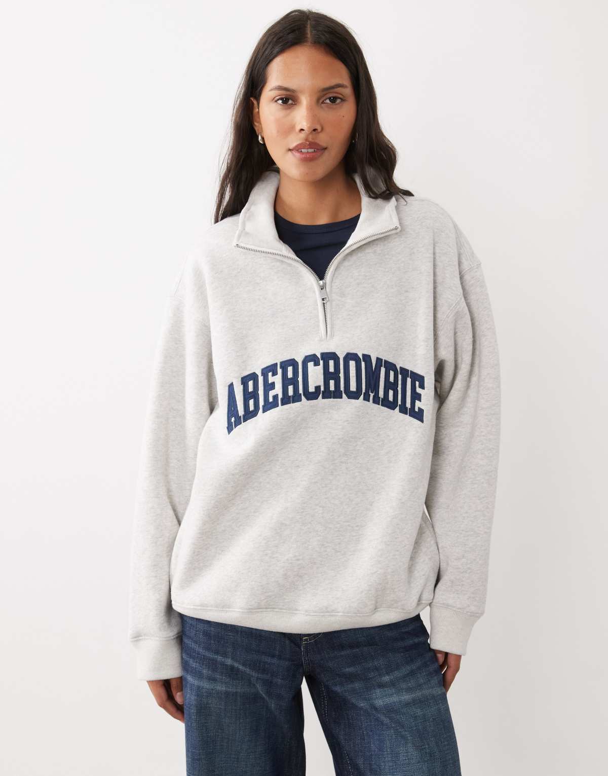 Abercrombie & Fitch front logo 1/4 zip sweatshirt in light grey, front view