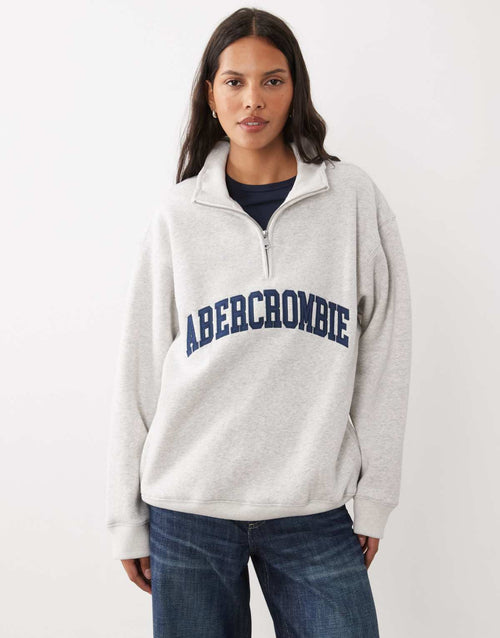 Abercrombie & Fitch front logo 1/4 zip sweatshirt in light grey, front view