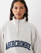 Abercrombie & Fitch front logo 1/4 zip sweatshirt in light grey, back view
