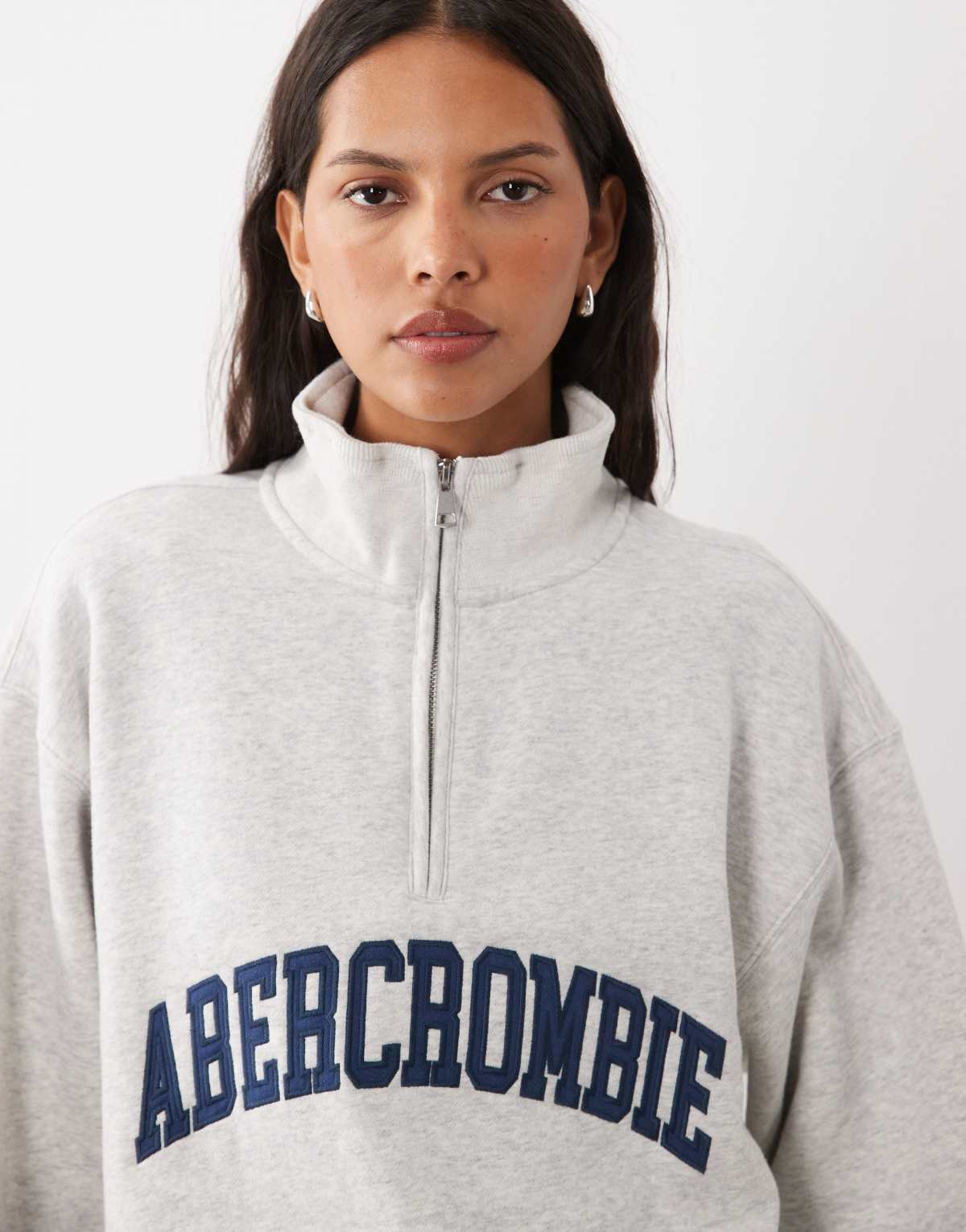 Abercrombie & Fitch front logo 1/4 zip sweatshirt in light grey, back view