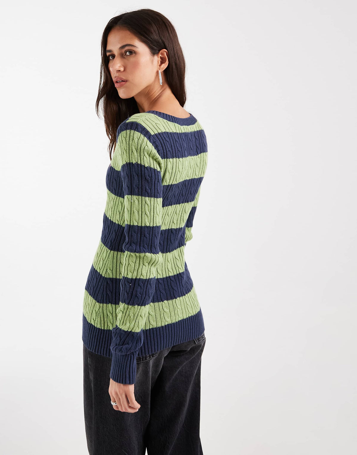 Hollister knitted icon logo v neck jumper in green and navy stripe