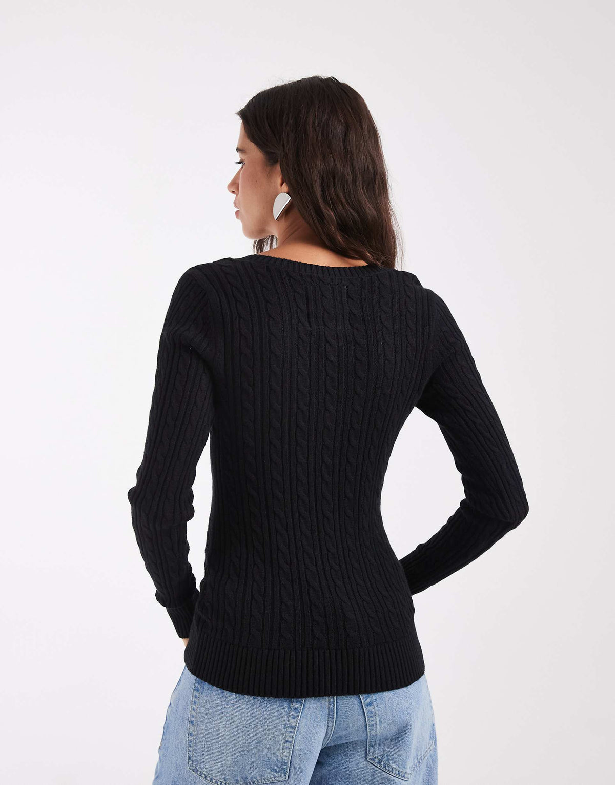 Hollister fitted cable knit v neck jumper in navy