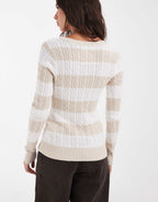 Hollister fitted cable knit v neck jumper in cream stripe