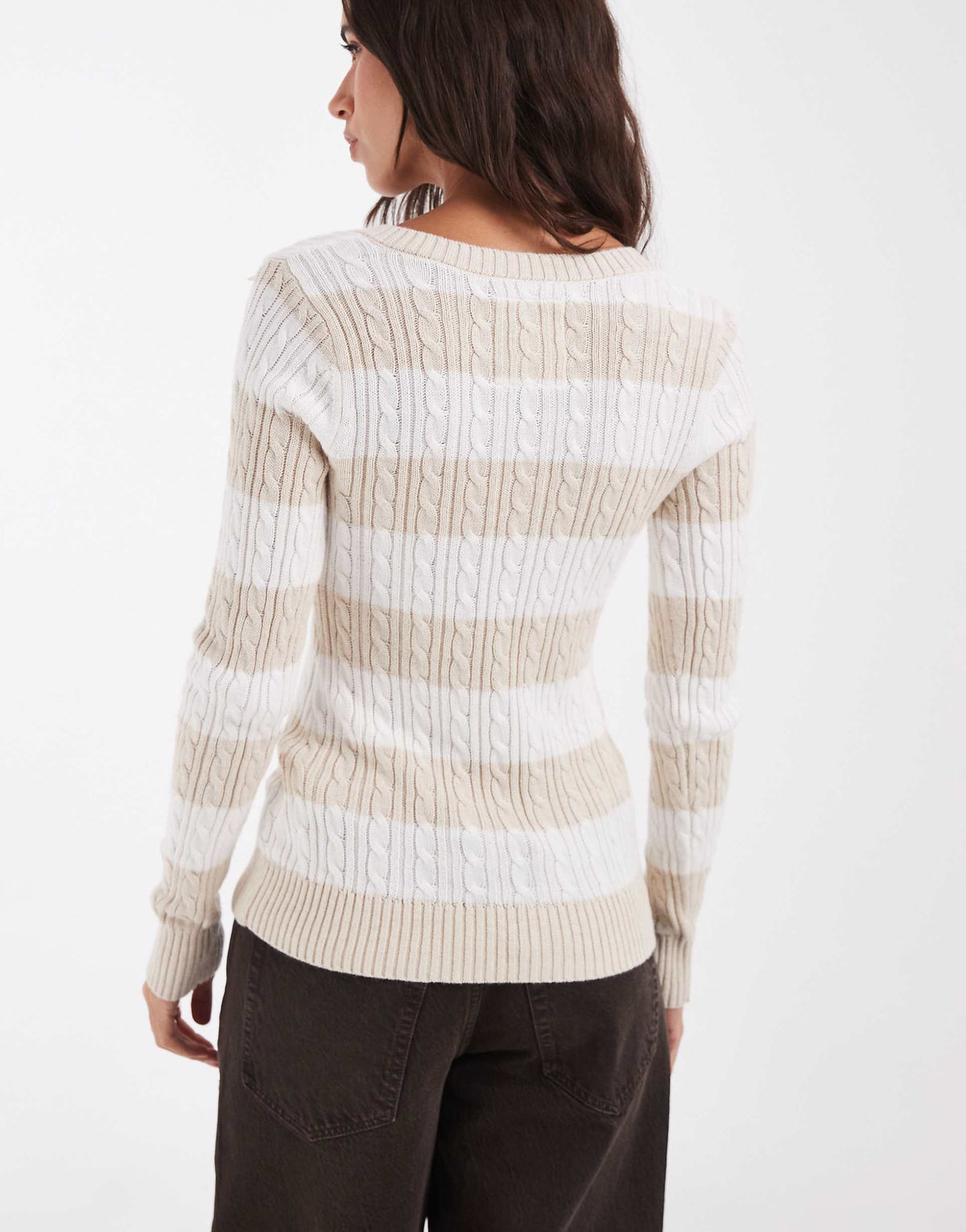 Hollister fitted cable knit v neck jumper in cream stripe