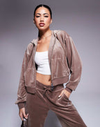 Juicy Couture relaxed fit velour zip through hoodie in latte brown