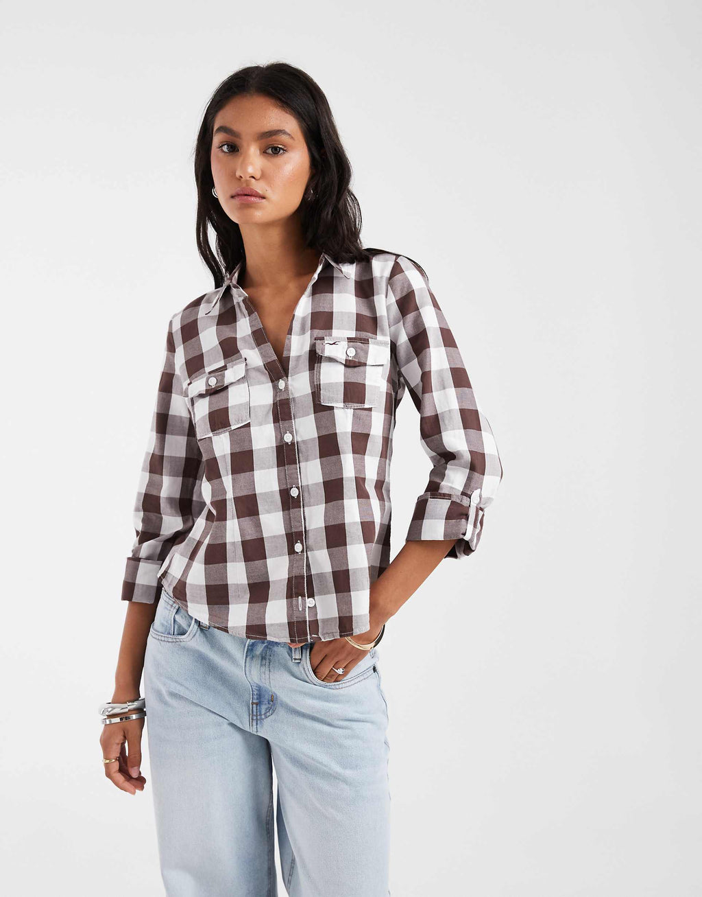Hollister icon logo 3/4 sleeve fitted shirt in brown check