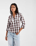 Hollister icon logo 3/4 sleeve fitted shirt in brown check