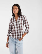 Hollister icon logo 3/4 sleeve fitted shirt in brown check