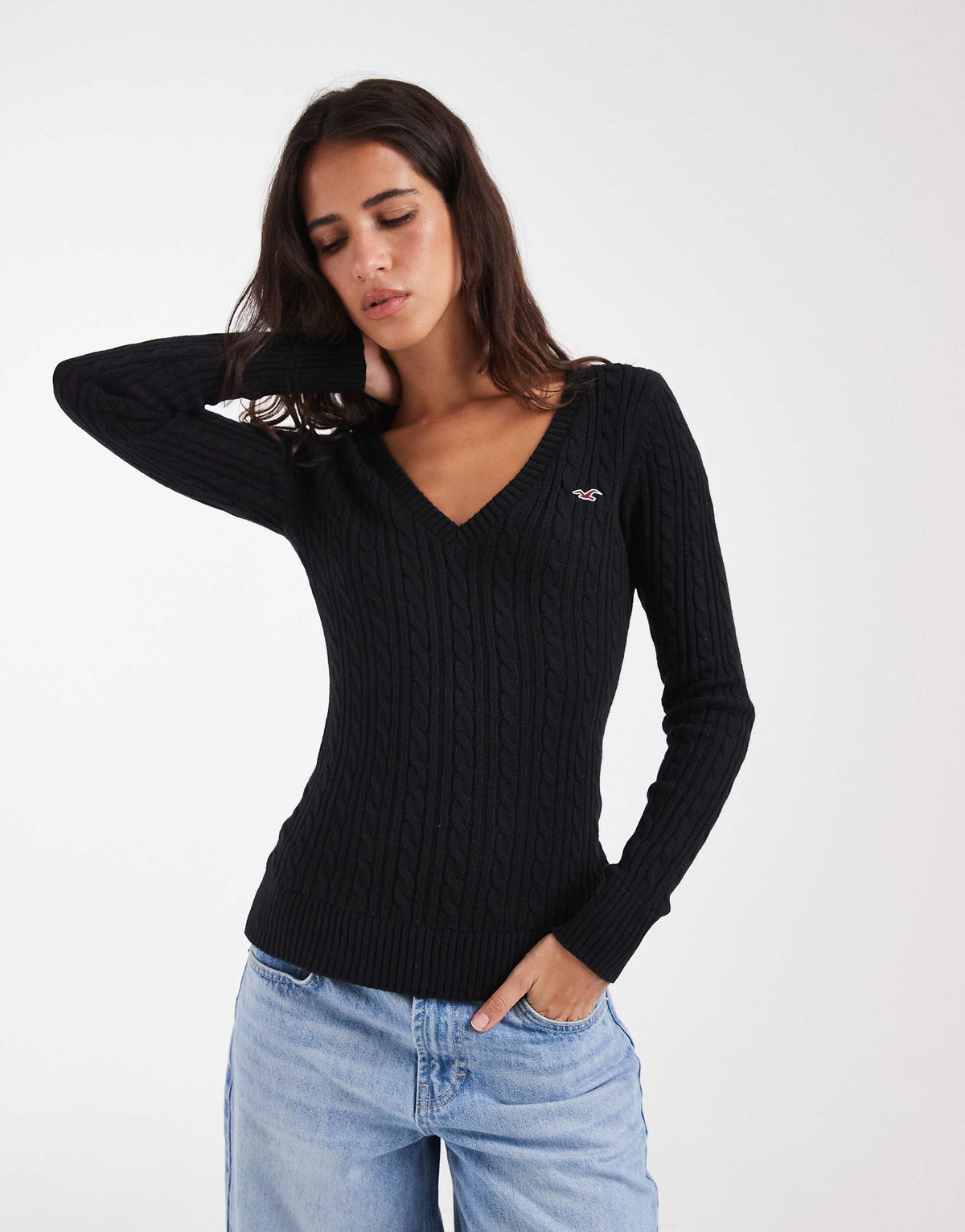 Hollister fitted cable knit v neck jumper in navy