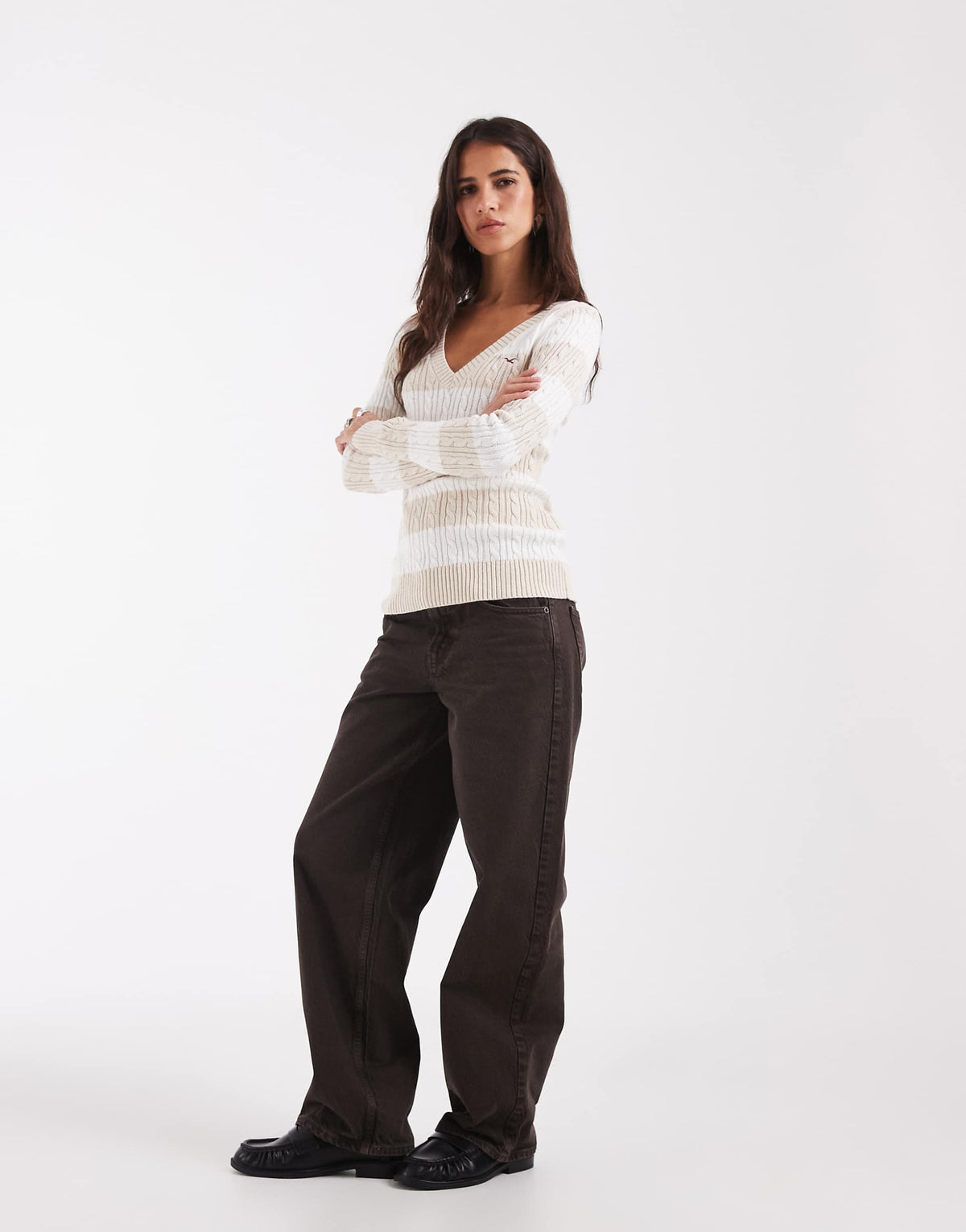 Hollister fitted cable knit v neck jumper in cream stripe