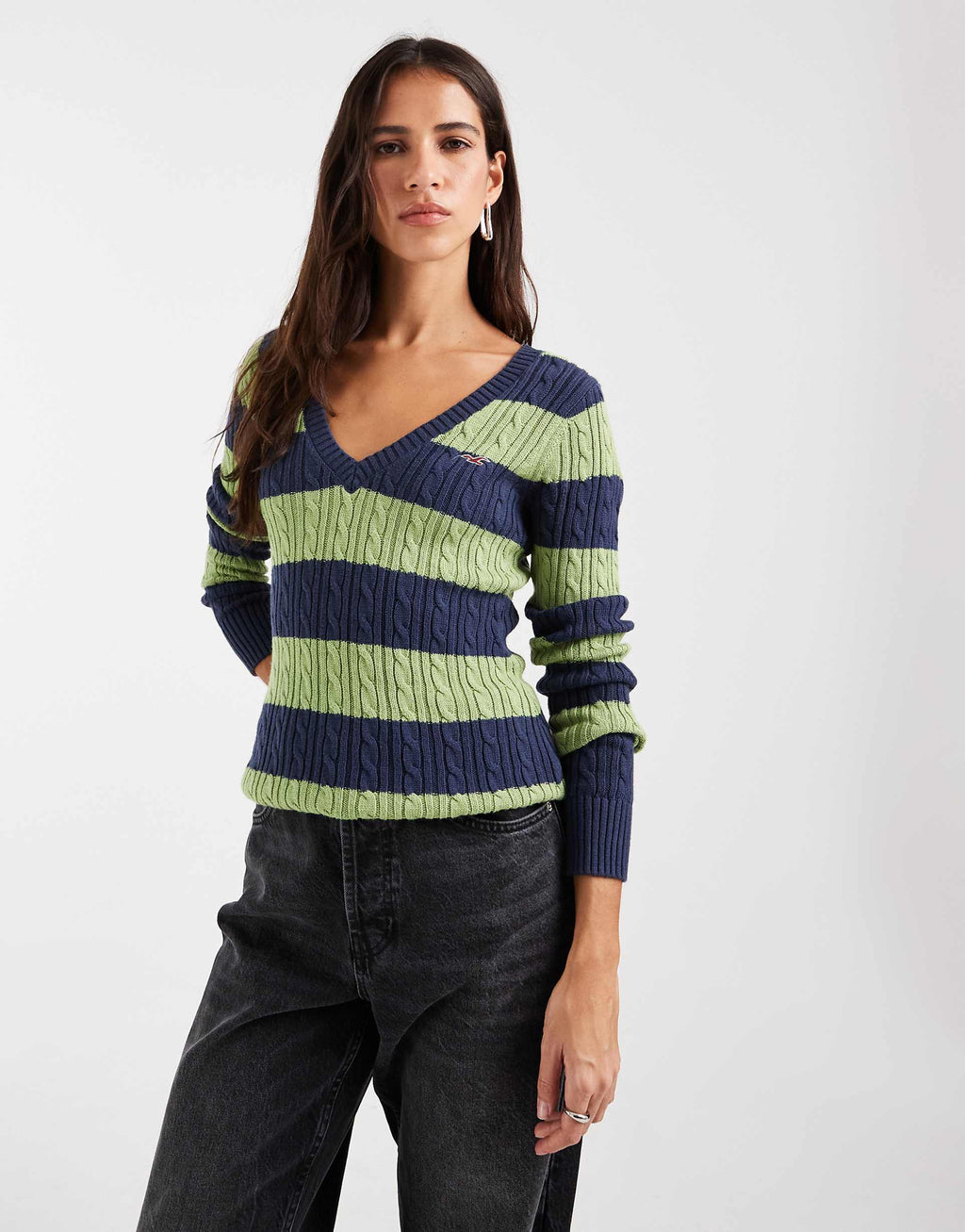Hollister knitted icon logo v neck jumper in green and navy stripe