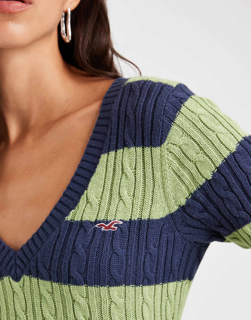 Hollister knitted icon logo v neck jumper in green and navy stripe