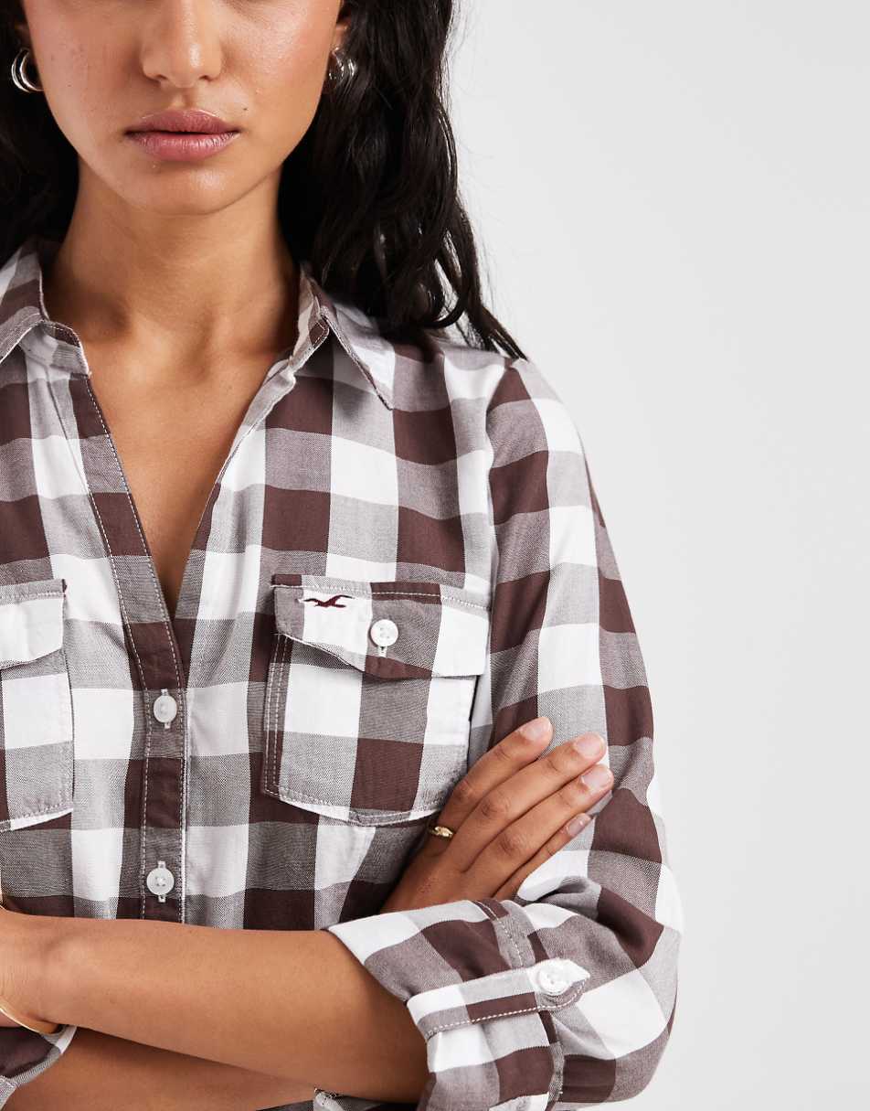 Hollister icon logo 3/4 sleeve fitted shirt in brown check