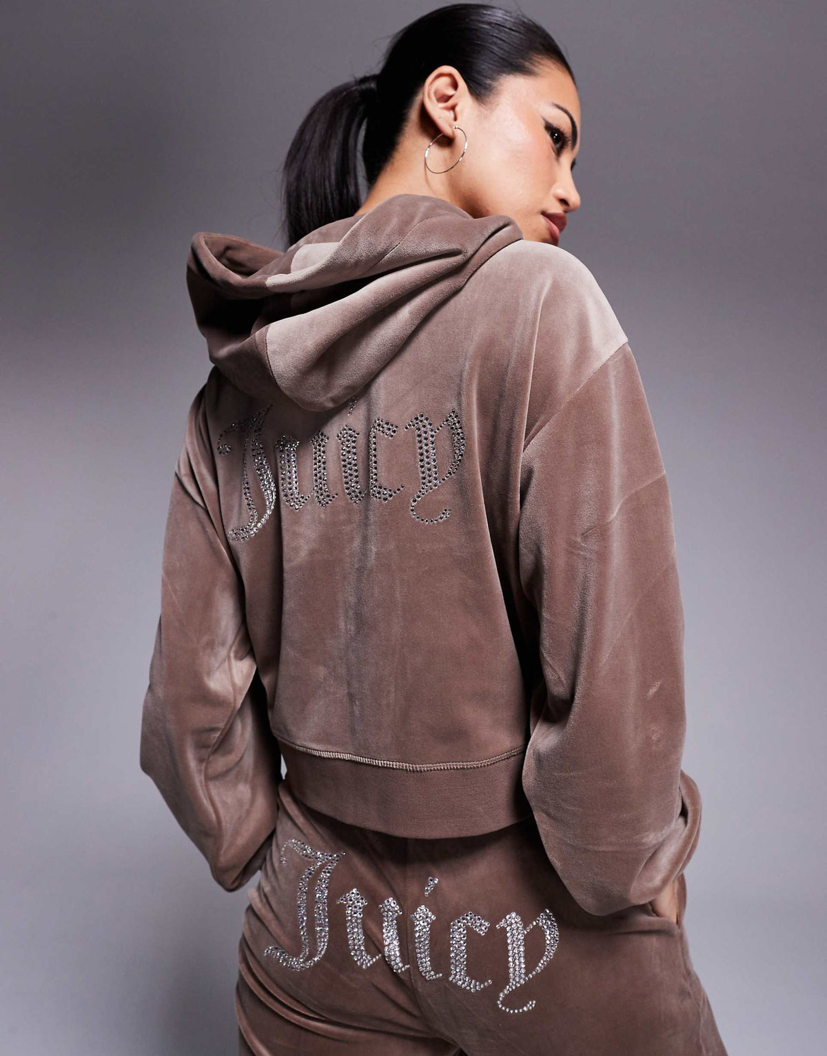Juicy Couture relaxed fit velour zip through hoodie in latte brown