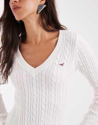 Hollister knitted icon logo v-neck jumper in white