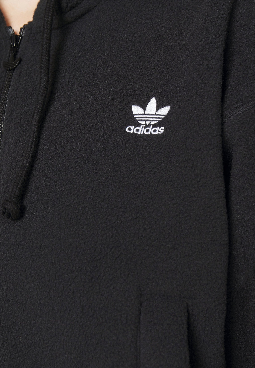 adidas Originals hooded fleece jacket in black, flat lay