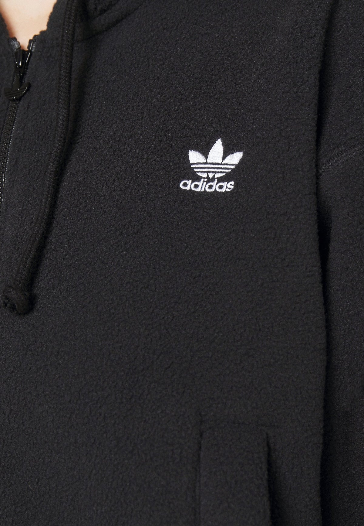 adidas Originals hooded fleece jacket in black, flat lay