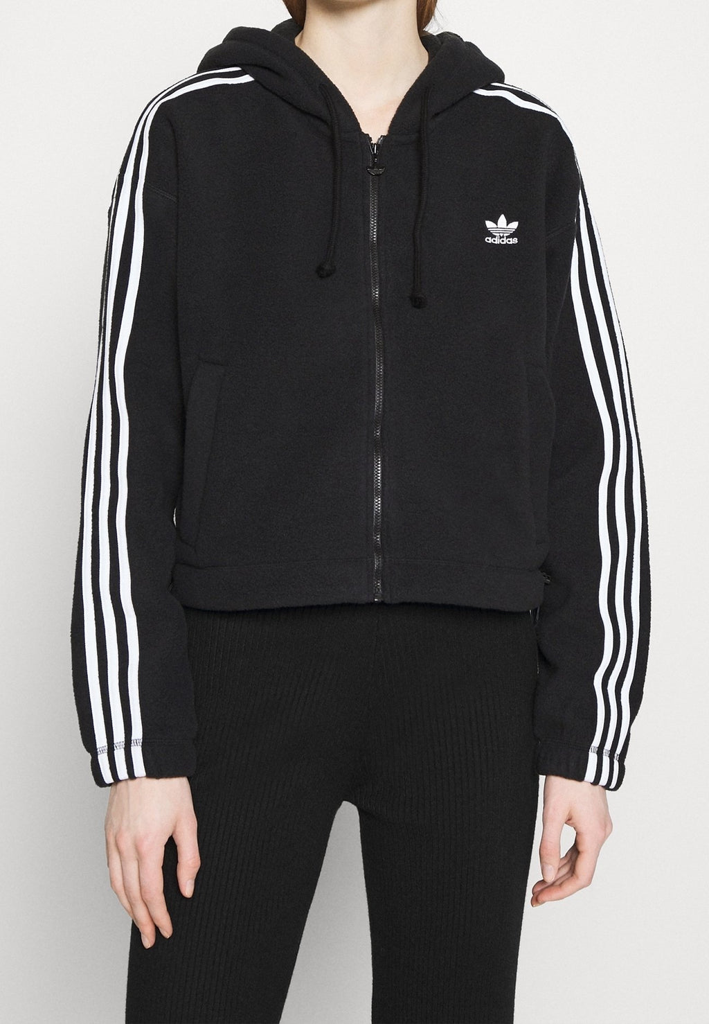 adidas Originals hooded fleece jacket in black, front view