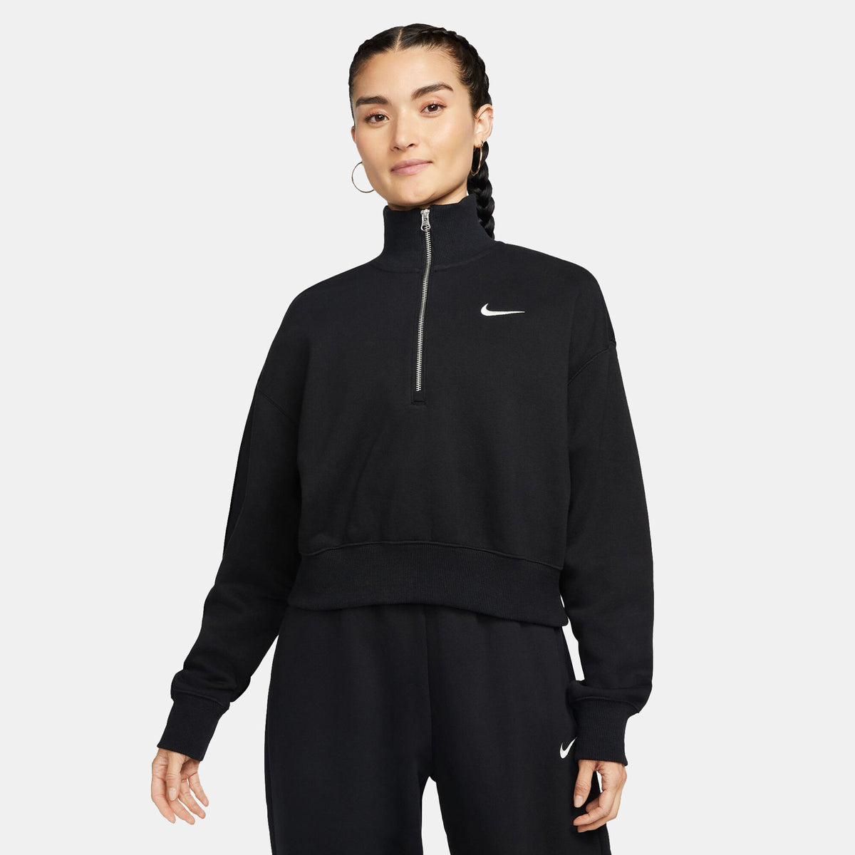 Nike Phoenix Fleece women's 1/2-zip cropped sweatshirt in black, front view