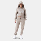 New Era women's Arch Wordmark cropped hoodie in beige, back view